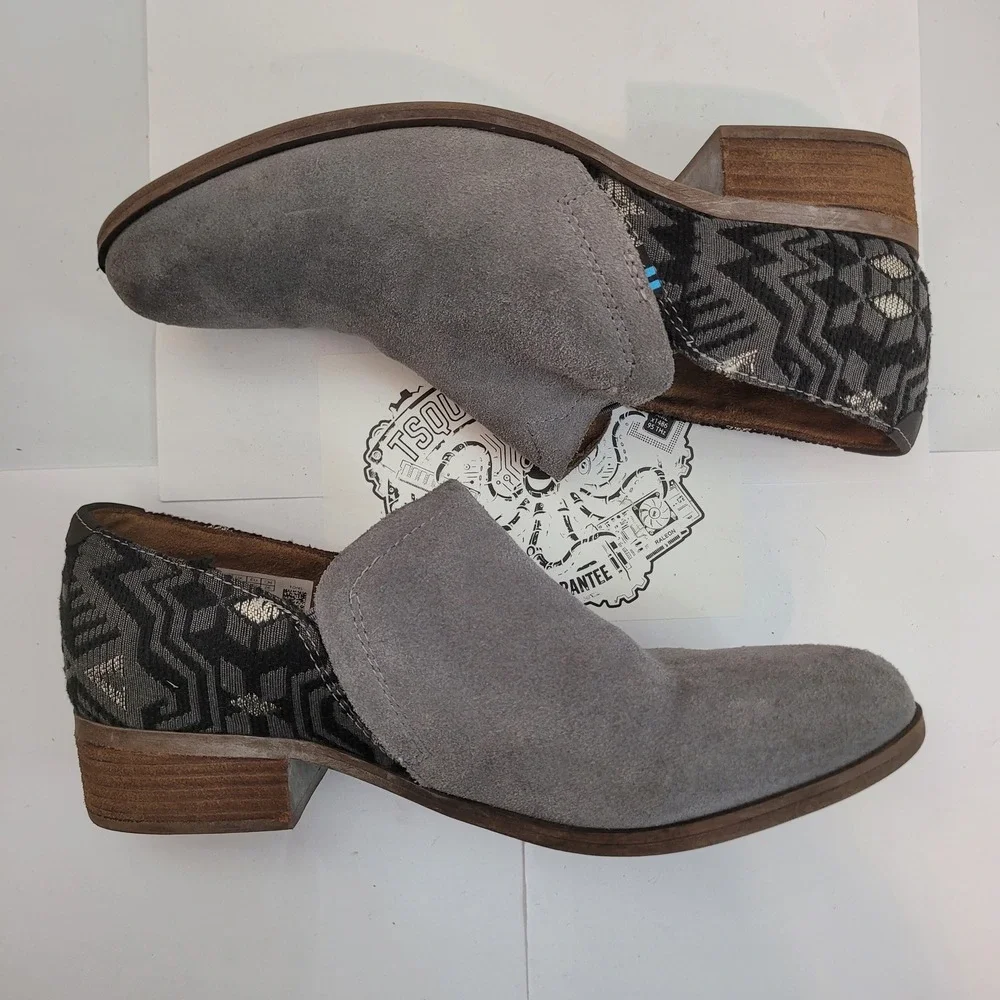 TOMS Deia Booties Womens 9 Grey Suede Woven Textile Ankle Boots Slip On